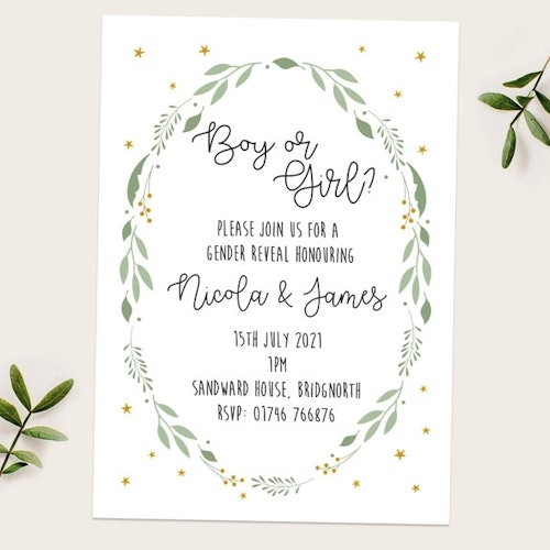 Foliage Wreath Gender Reveal Party Invitations