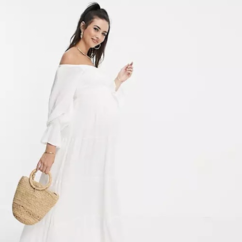 In The Style Maternity x Brooke Vincent bardot tiered maxi dress in white