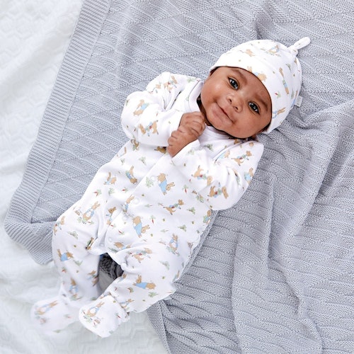 JoJo Maman Bebe Peter Rabbit Baby Sleepsuit u0026amp; Hat Set