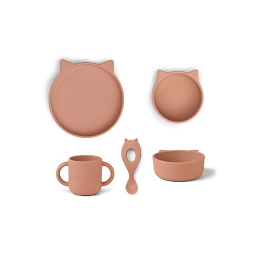 Liewood - Vivi Silicone Baby Tableware Set in Cat Dark Rose