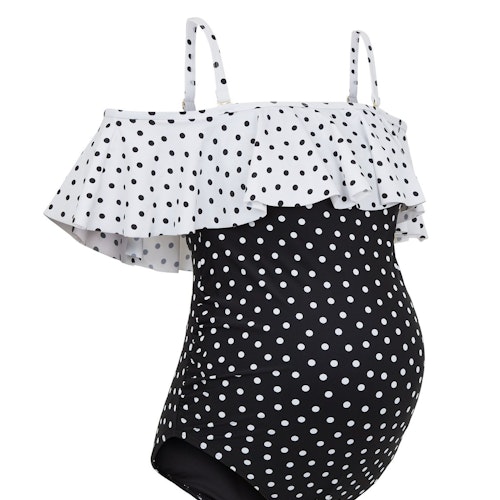 Maternity Black Spot Ruffle Trim Swimsuit