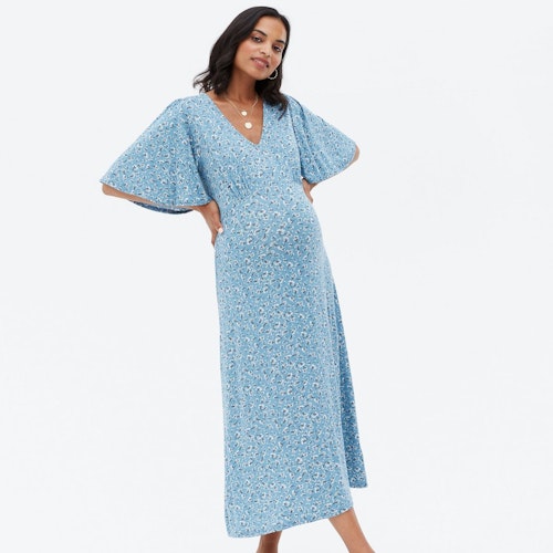 Maternity Blue Floral Flutter Sleeve Midi Dress