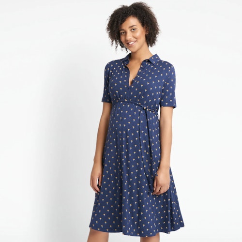 Navy Bud Print Maternity Shirt Dress