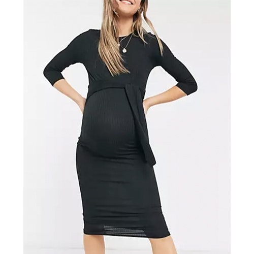 New Look Maternity Tie Waist Rib Midi Dress in Black