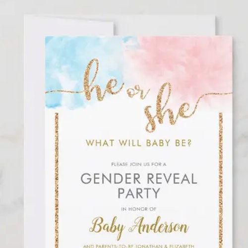 Pink u0026amp; Blue Watercolor Gold Glitter Gender Reveal Invitation
