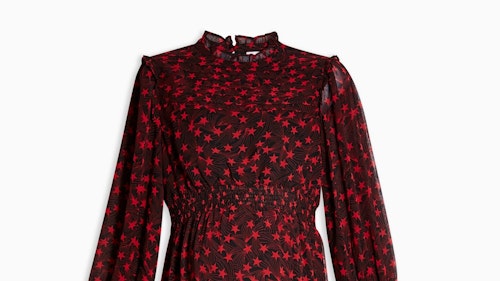 Red star printed shirred midi dress
