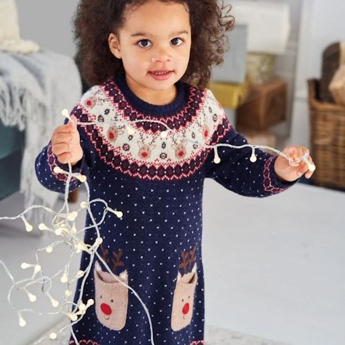 Girlsu0026#039; Navy Reindeer Fair Isle Dress