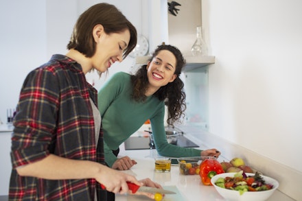 same sex couple chatting during pregnancy