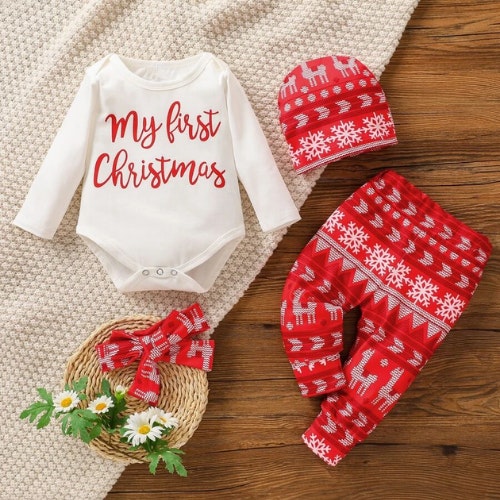 Shein Baby Girl Christmas Print Bodysuit With Trousers