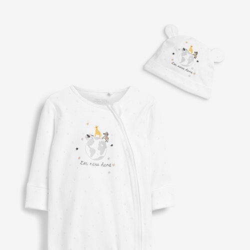 White Iu0026#039;m New Here Zip Sleepsuit And Hat