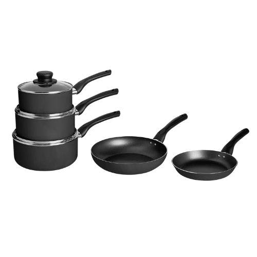 mewmewcat Cookware Pan Set 8 Piece Cookware Set for Frying and Cooking Use Glass Lids with Steam Outlets Black Aluminium 