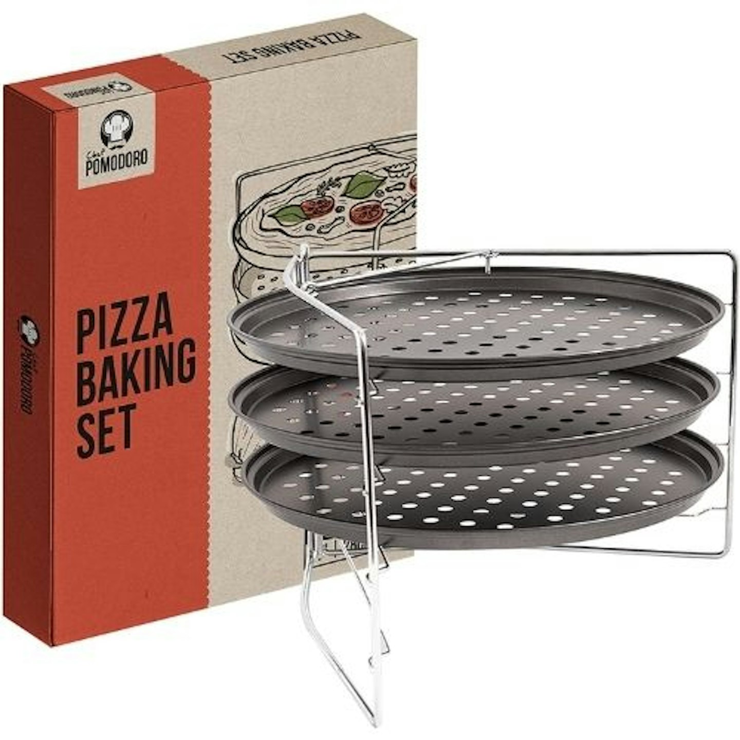 Chef Pomodoro, Pizza Baking Set (3 Pizza Pans and Rack)