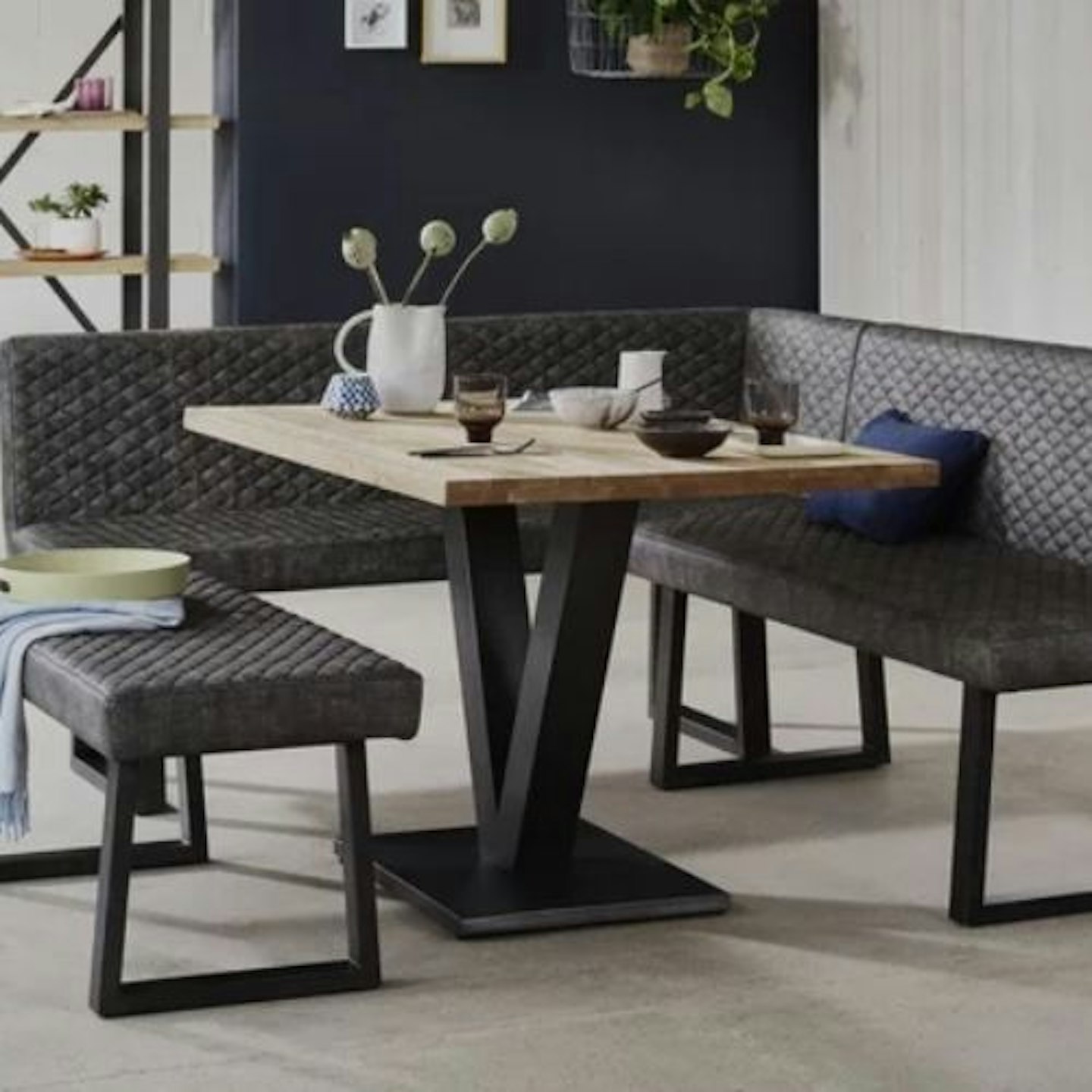 Compact Earth Dining Table, with a Left Hand Facing Corner Bench and Low Dining Bench