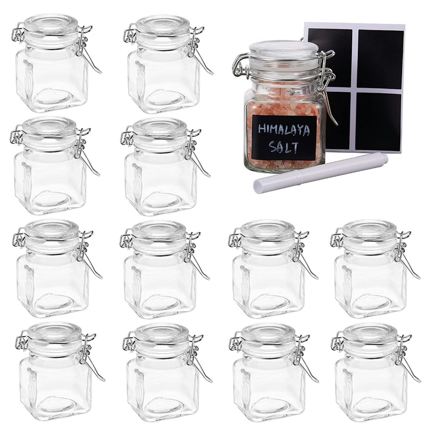 Oak & Steel - 12 Mini Clip Top Spice Jars Glass Canister Containers, 100 ml with Labels and Chalk Pen (78 x 52mm)