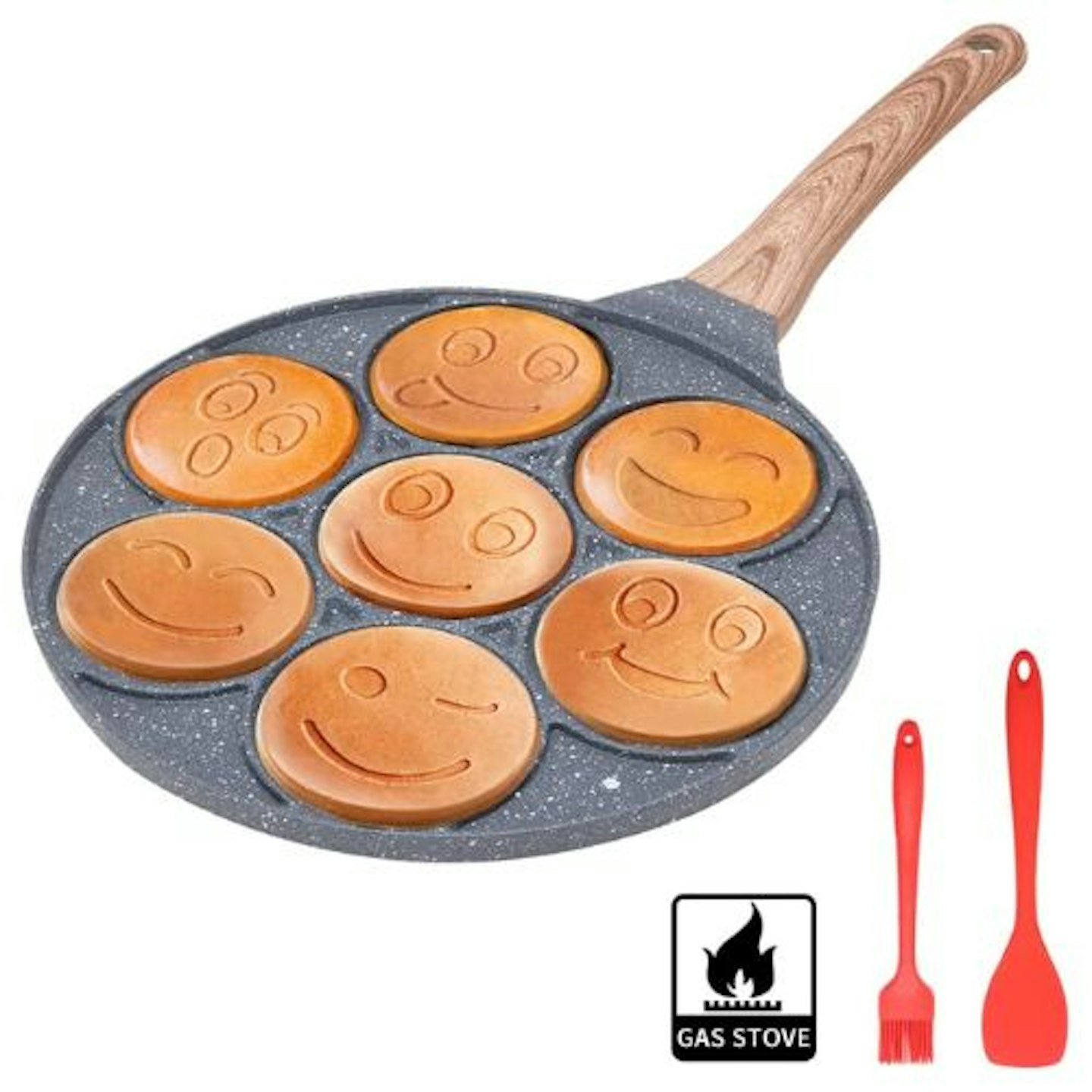 Bobikuke Smiley Face Pancake Pan, Pancake Frying Pan Non Stick, 7 Holes Mini Pancake Maker for Kids, Crepe Pan 26cm - Black