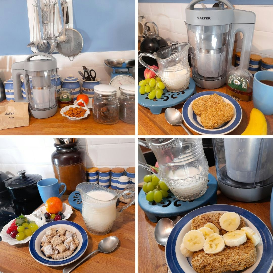 Enjoying homemade plant milk on breakfast cereal, using Salter