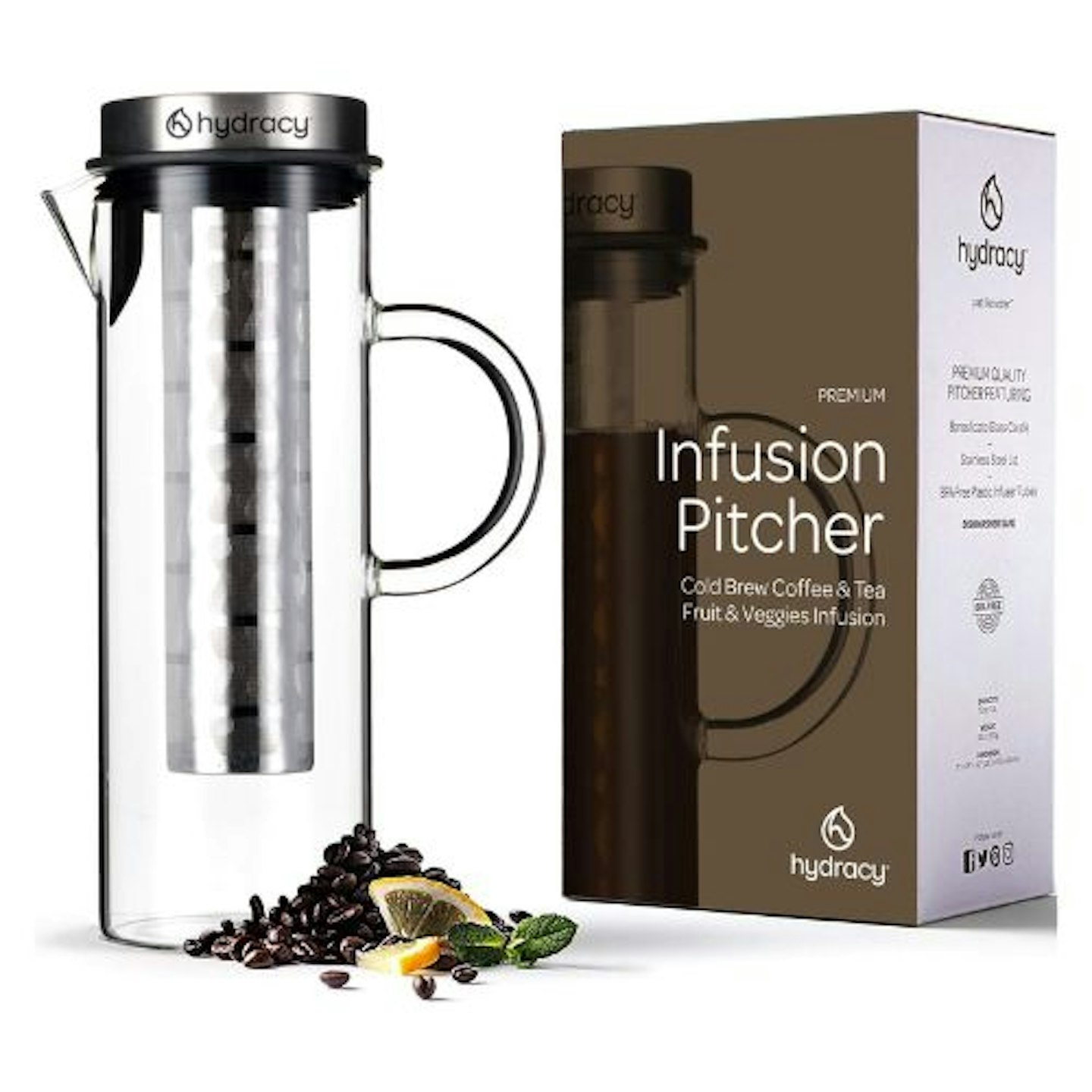 Cold Brew Coffee Maker - Large Glass Infusion Pitcher 1500ml - Iced Coffee & Iced Tea Pitcher with Stainless Steel Lid and Mesh Filter - Extra Fruit...
