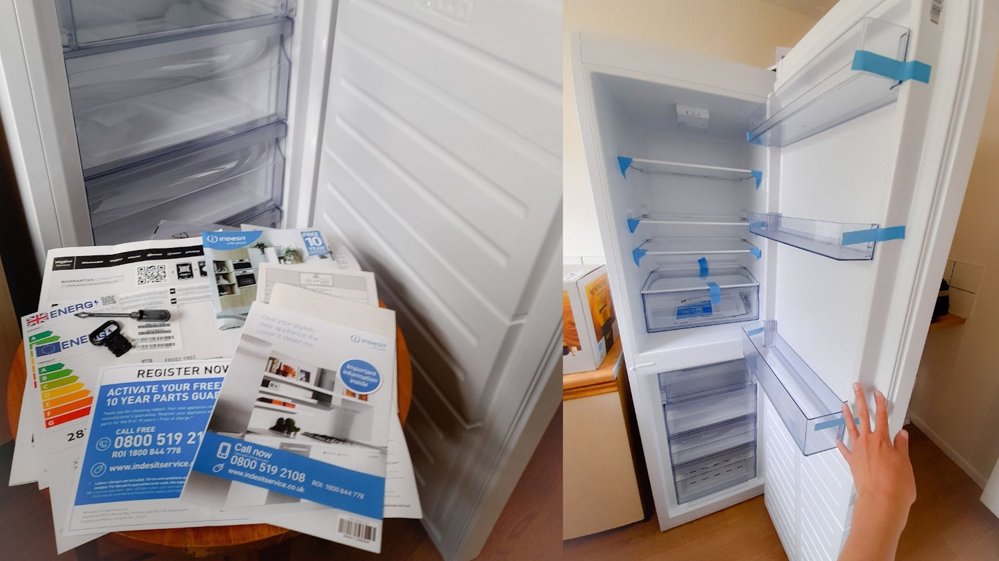 Instruction bookets and fridge freezer on arrival