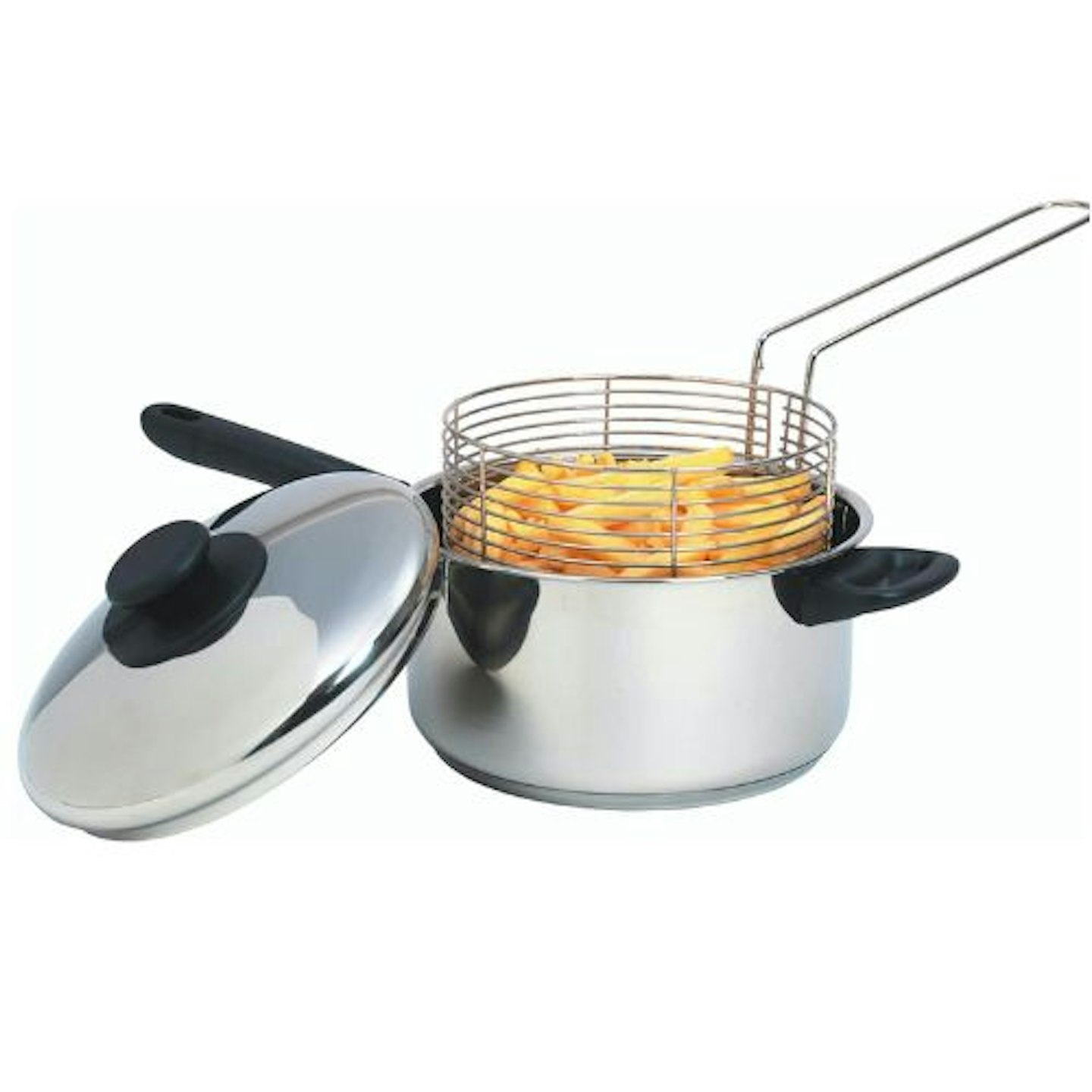 KitchenCraft Large Chip Pan with Basket and Lid 20cm, Induction Safe, Stainless Steel, Silver