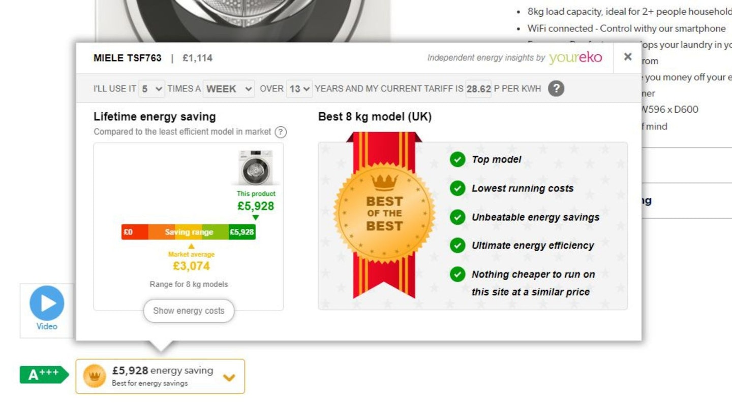 Example of YourEko energy savings tool on Appliances Direct