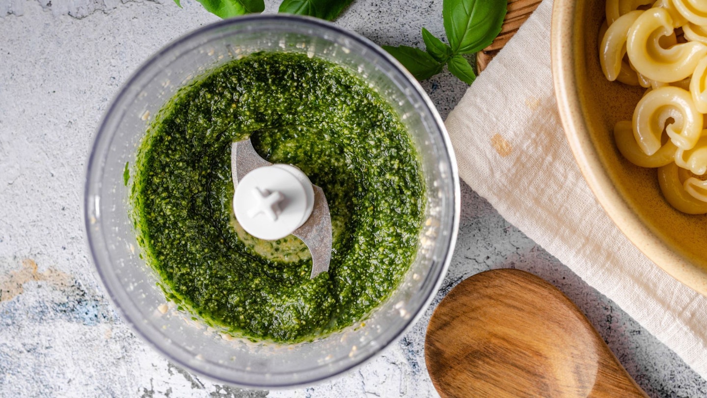 Delish simple food, semolina pasta with basil nuts pesto