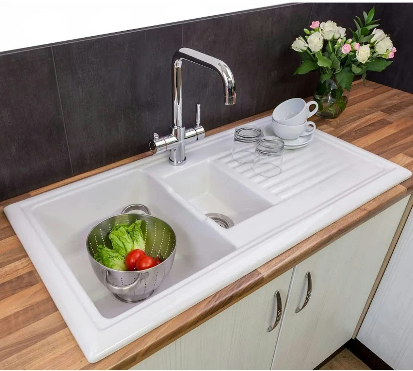 Reginox RL301CW 1.5 Bowl White Ceramic Reversible Inset Kitchen Sink & Waste Kit