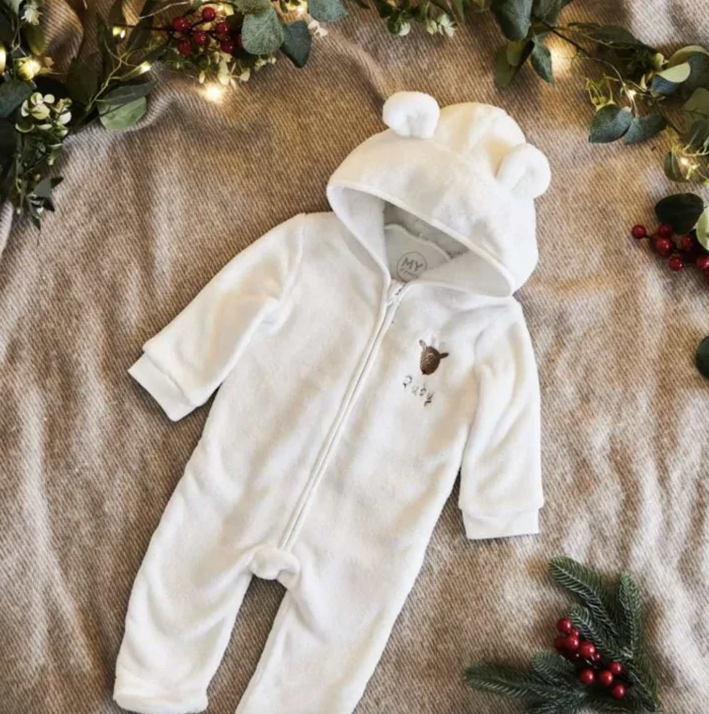 MY 1st Years Personalised Rudolph Ivory Fleece Onesie