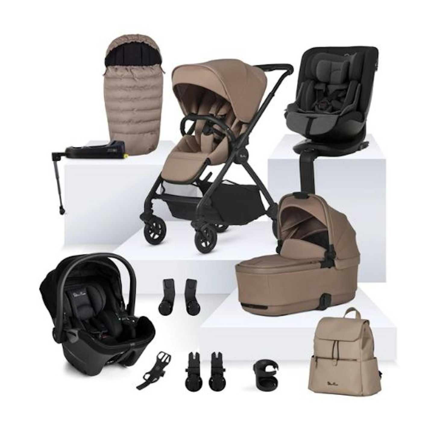 Silver Cross Dune 2 Mocha Travel System Ultimate Motion Bundle (13 piece) including car seats, chassis seat, carry cot and accessories