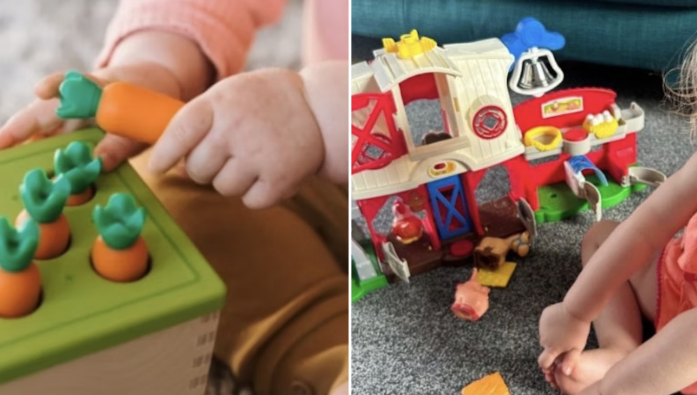 Two images sitting side by side showing one year olds playing with two different toys