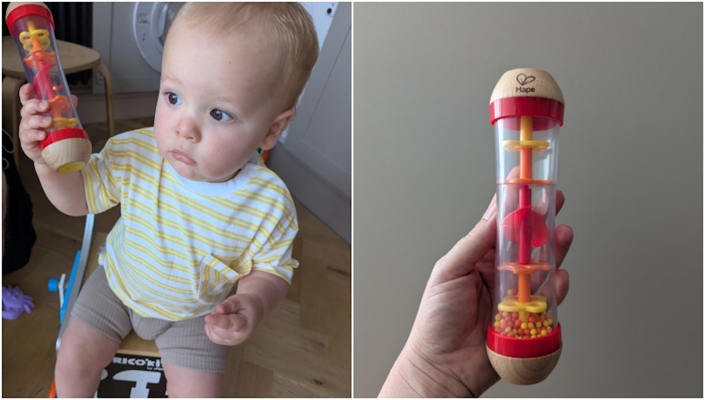 Animage showing a baby holding and playing with a hape beaded rain stick and another image shows the toy being held up
