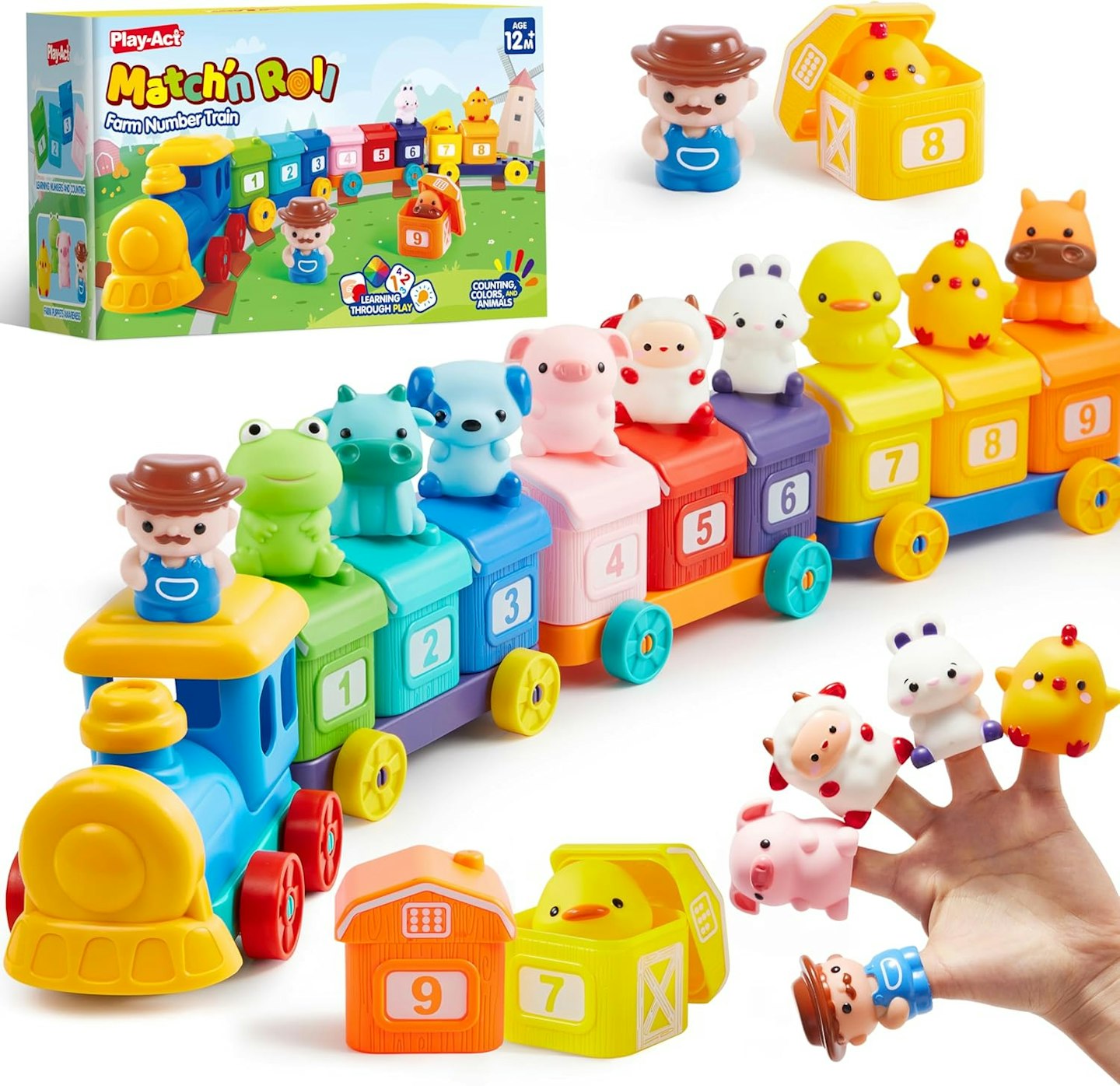 A toy train with farm animals on a white background
