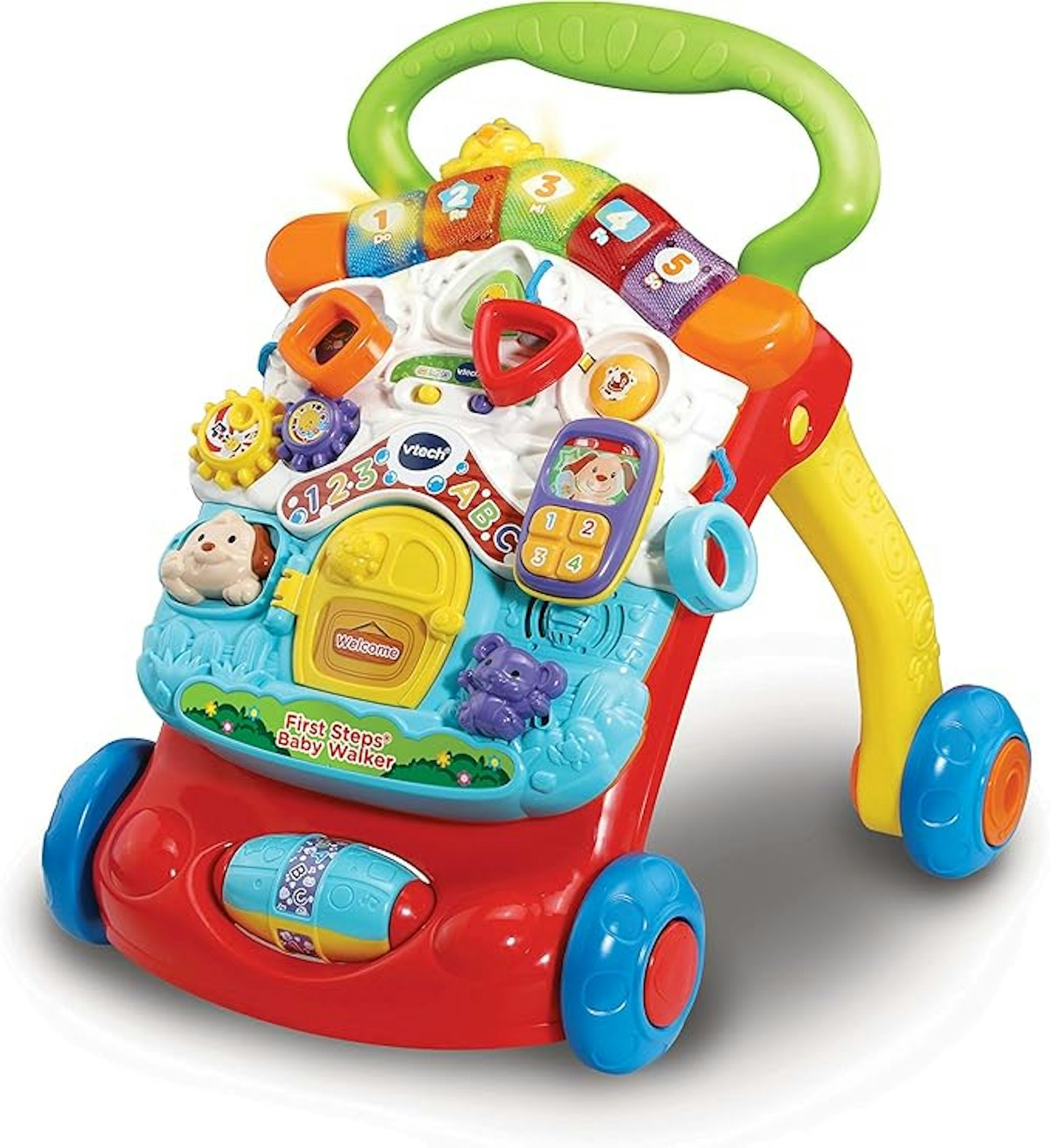 An image of a bright red blue and yellow interactive V tech baby walker on a white background