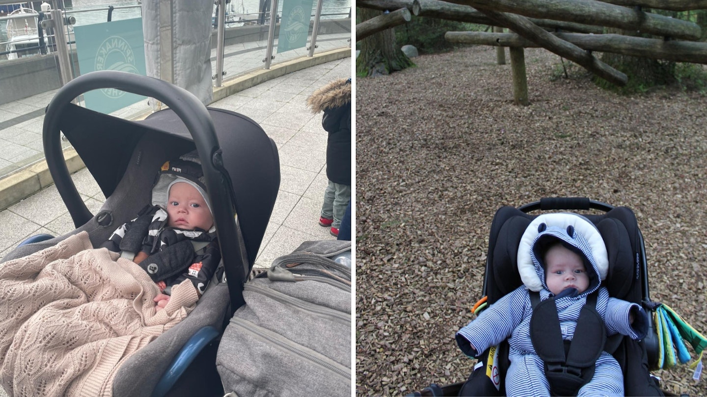 Six week baby out and about. Baby is awake and enjoying a day out.