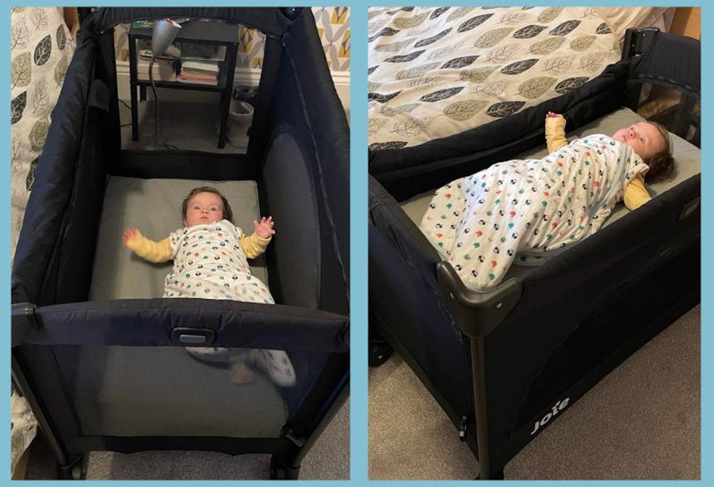 A split image showing a baby lying in the Joie Kubbie travel cot, one picture showing it raised and the other sleeping lower down