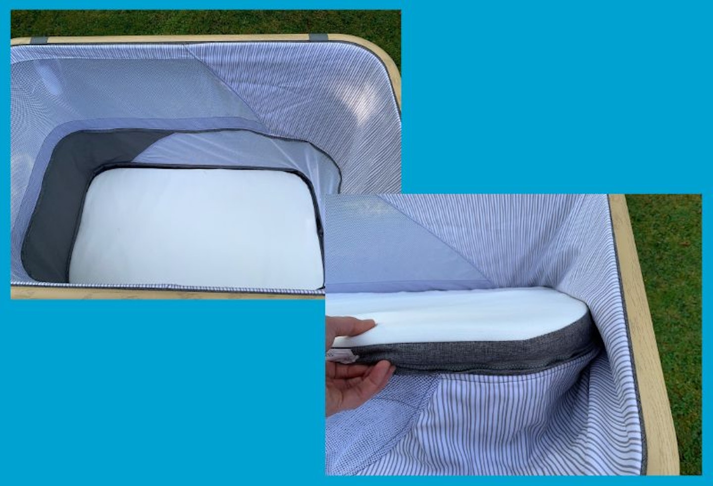 Two photos of the inside of the Kinderkraft SOFI, showing the mattress size and thickness