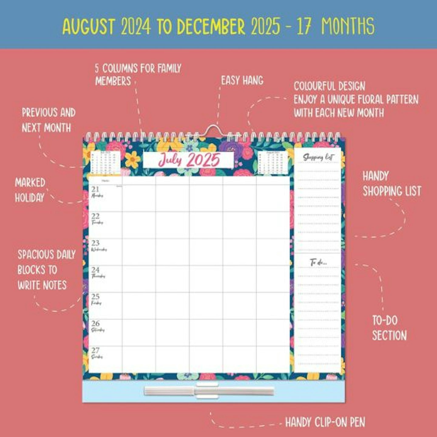 Large 2024-2025 Family Planner 5 Columns Week to View Calendar with Memo Pad 17 Months Wall Planner With Shopping List and Stickers