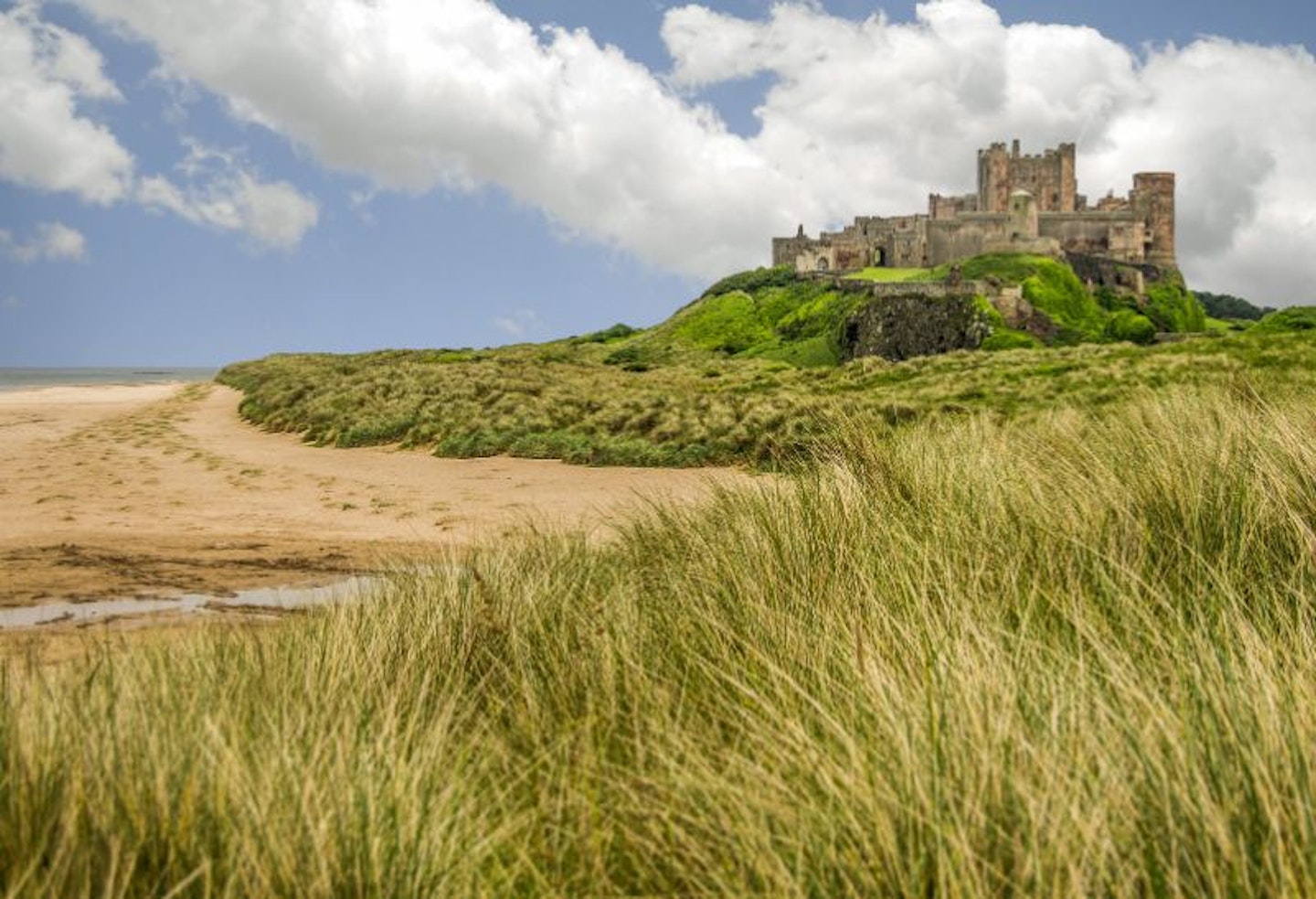 A photo of Bamburgh Castle on a hill, with grass in front and the beach to the side