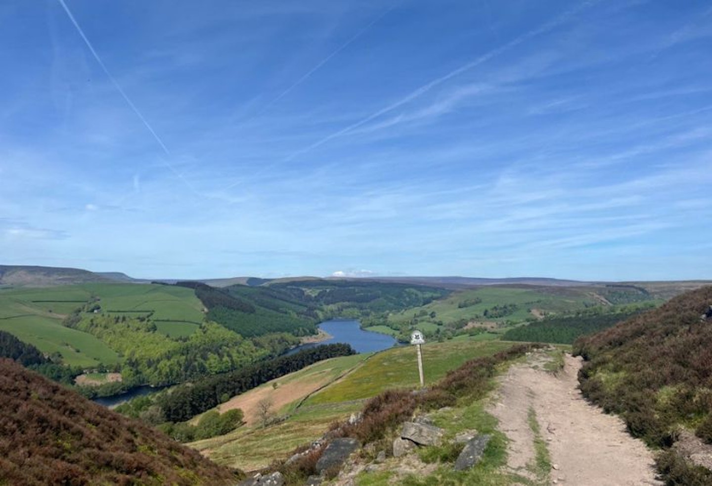 Blue sky with hills and lakes, and a path along the side