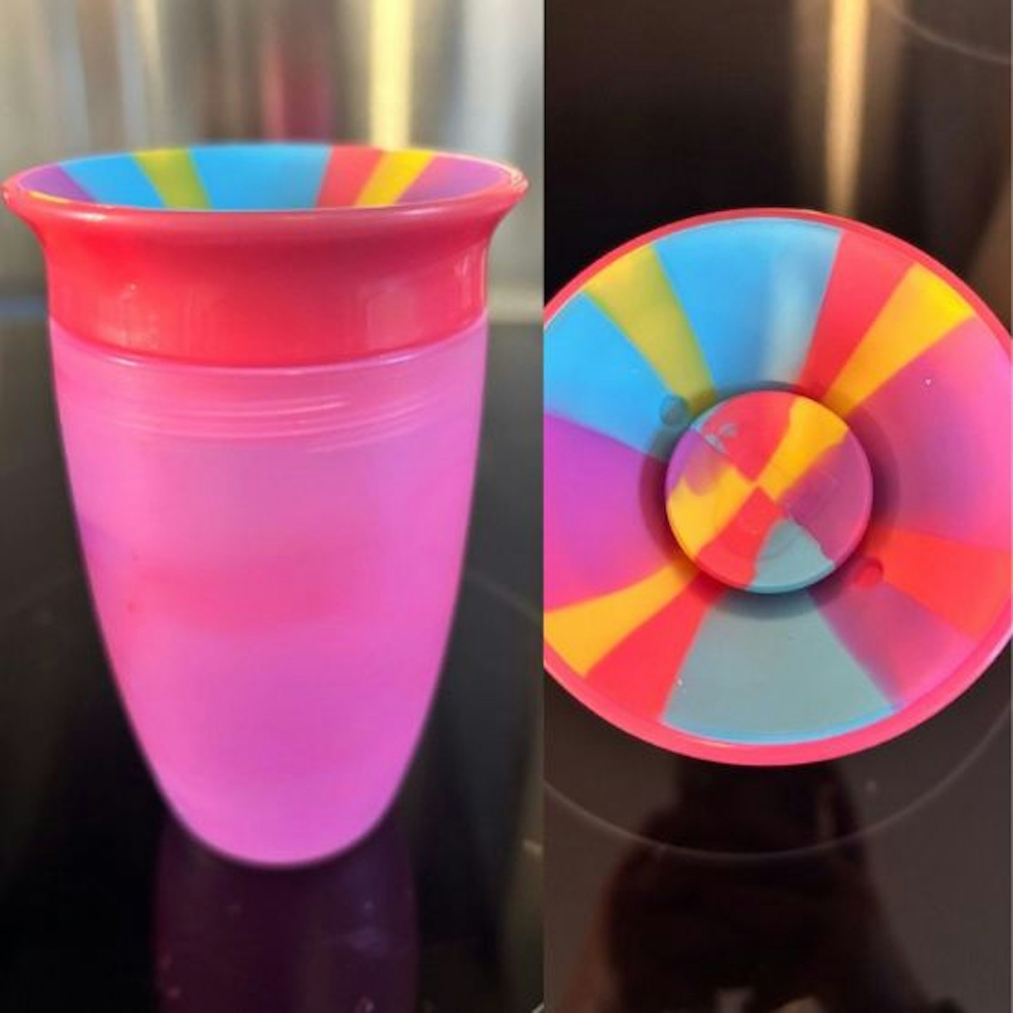 Munchkin Swirl Tropical sippy cup in a tester's home