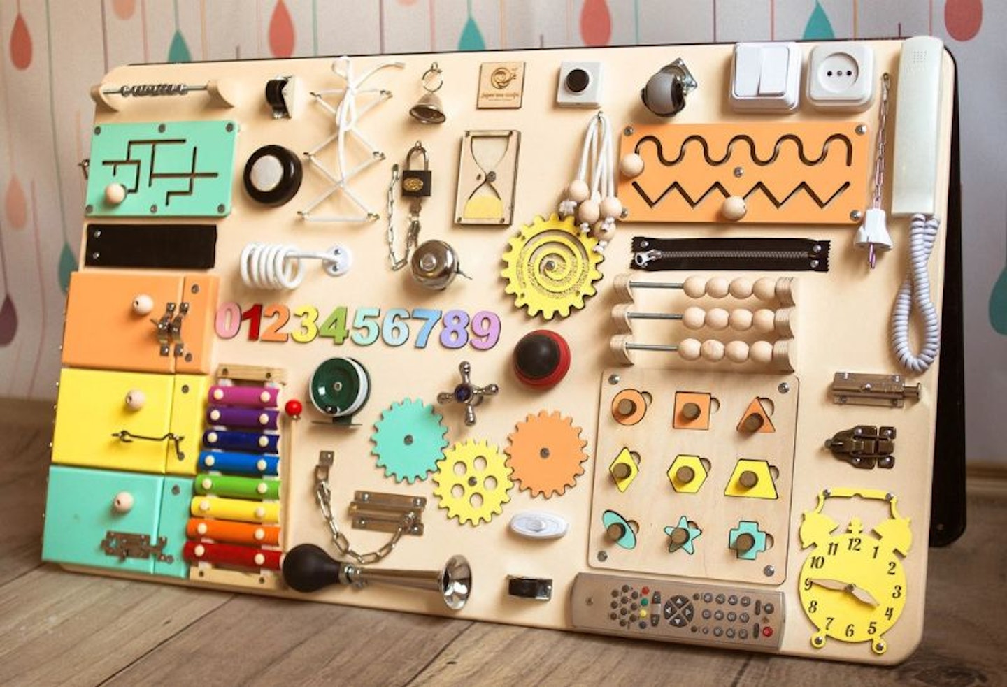 A toddler busy board