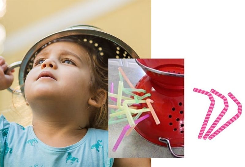 Two images - a girl with a colander on her head and one of a red colander with straws pushed through the holes