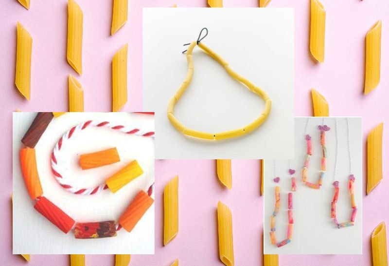 Three photos of pasta necklaces set against a pink backdrop with pieces of pasta on