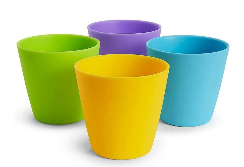 Munchkin cups in yellow, blue, purple and green