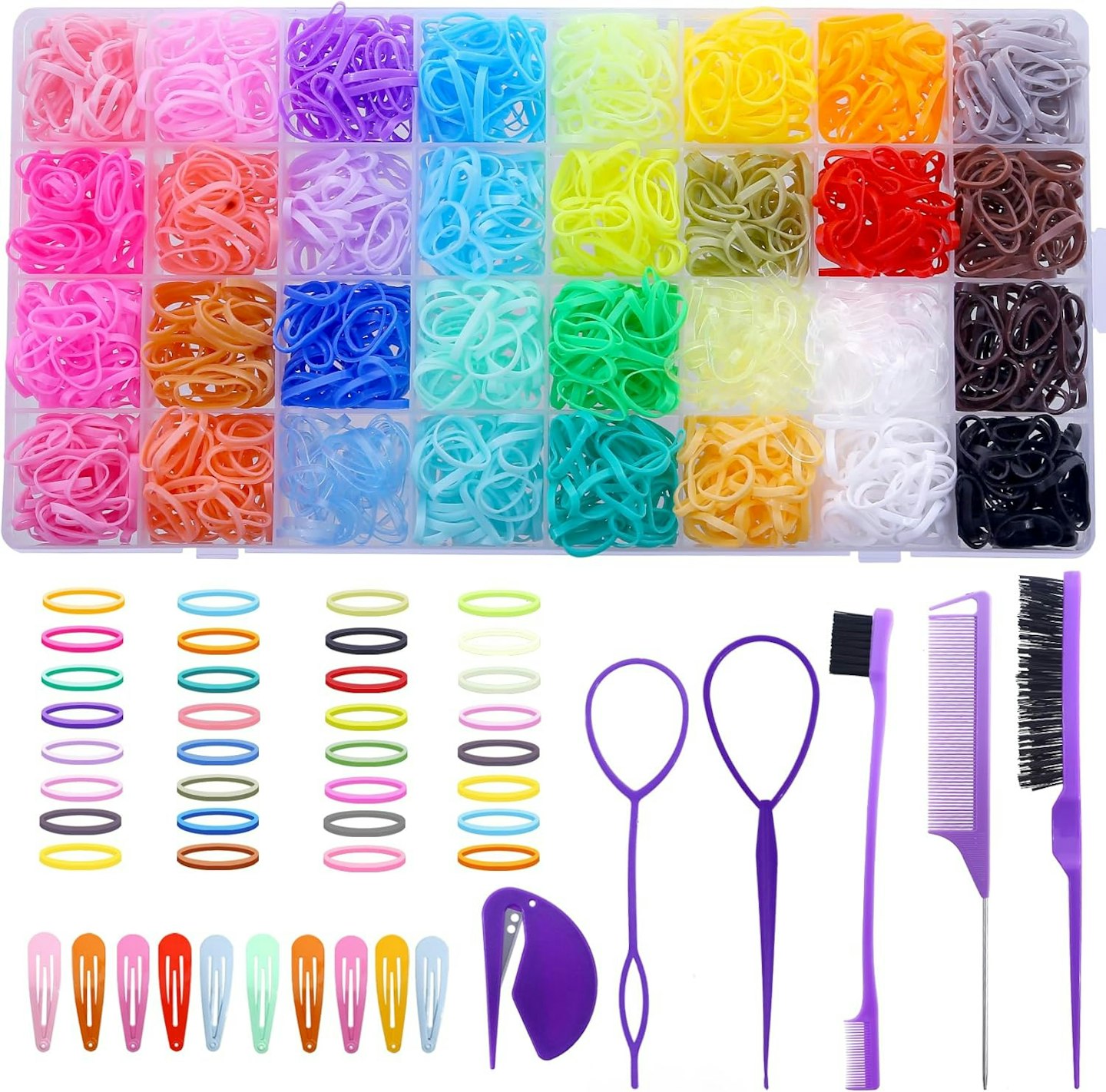 32 Colors Small Hair Rubber Bands with 16 Hair Styling Tools