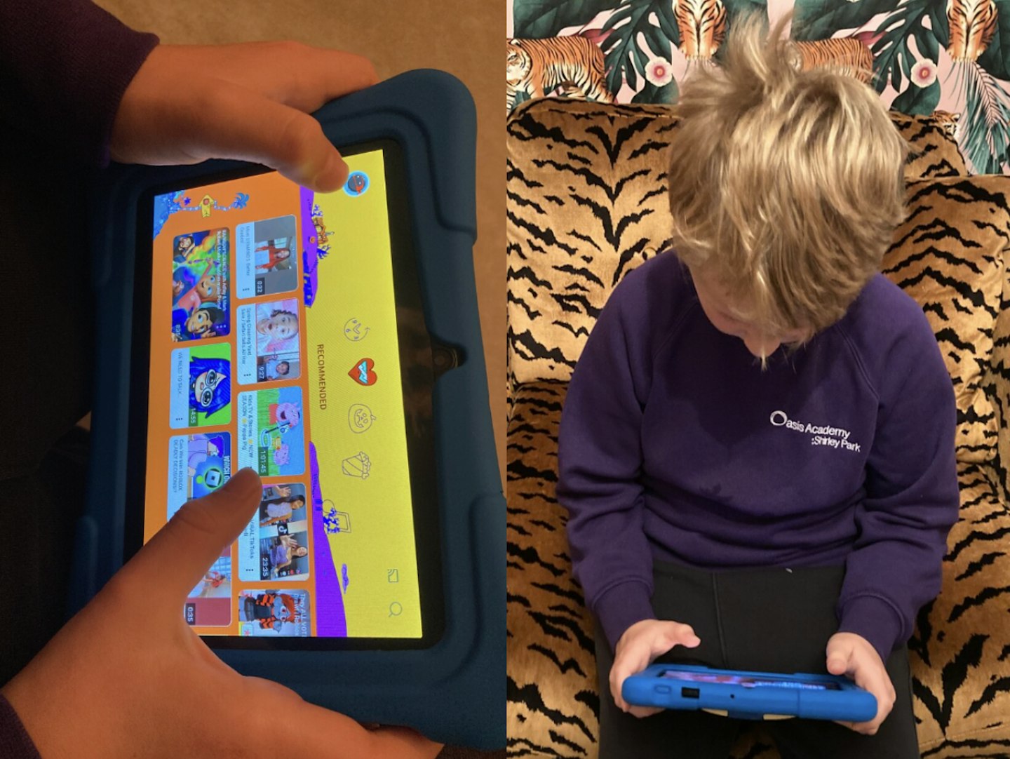 Two images sitting side by side showing the pritom tablet being tested by a young boy