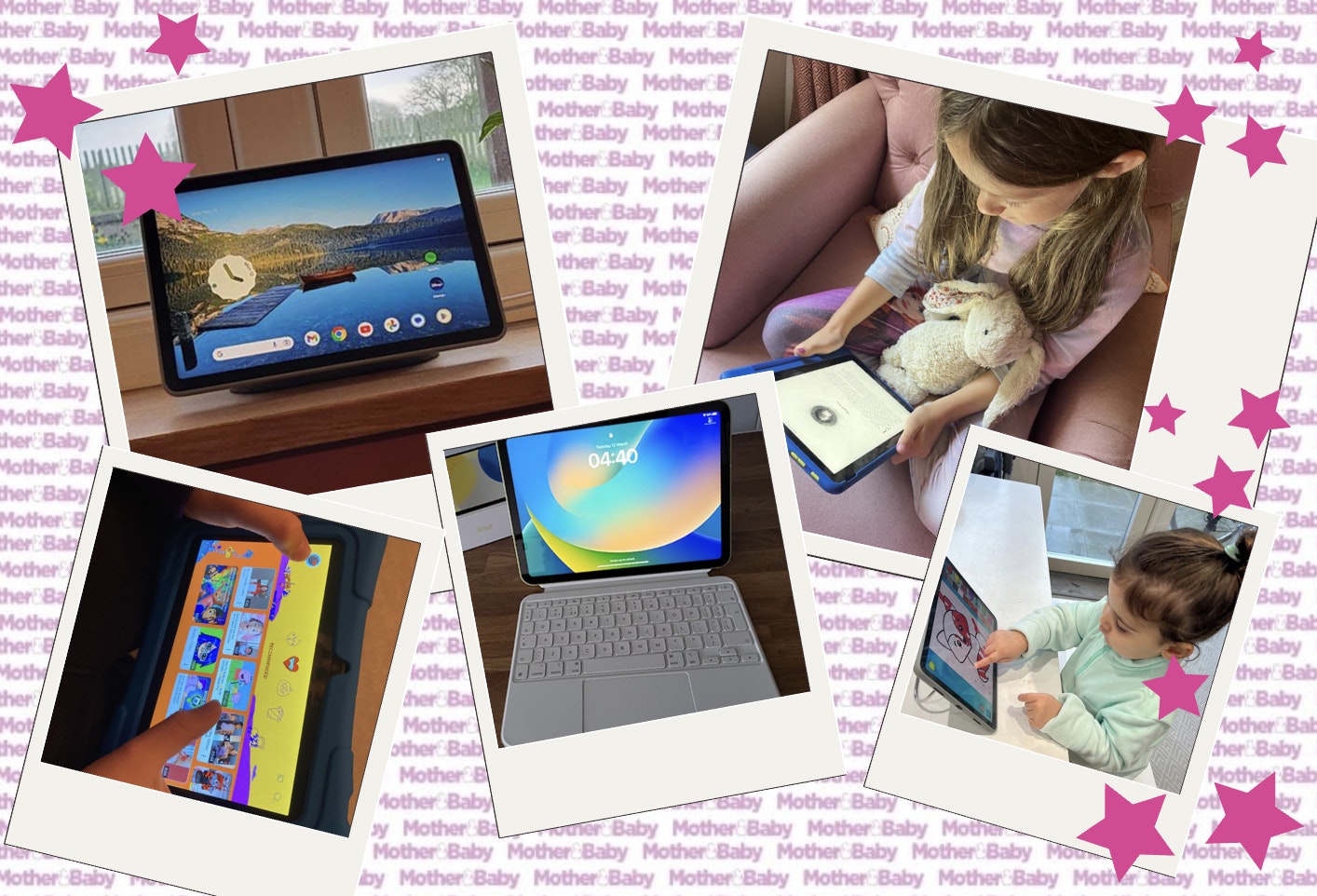 A collage of pictures showing young children trying and testing out the best tablets