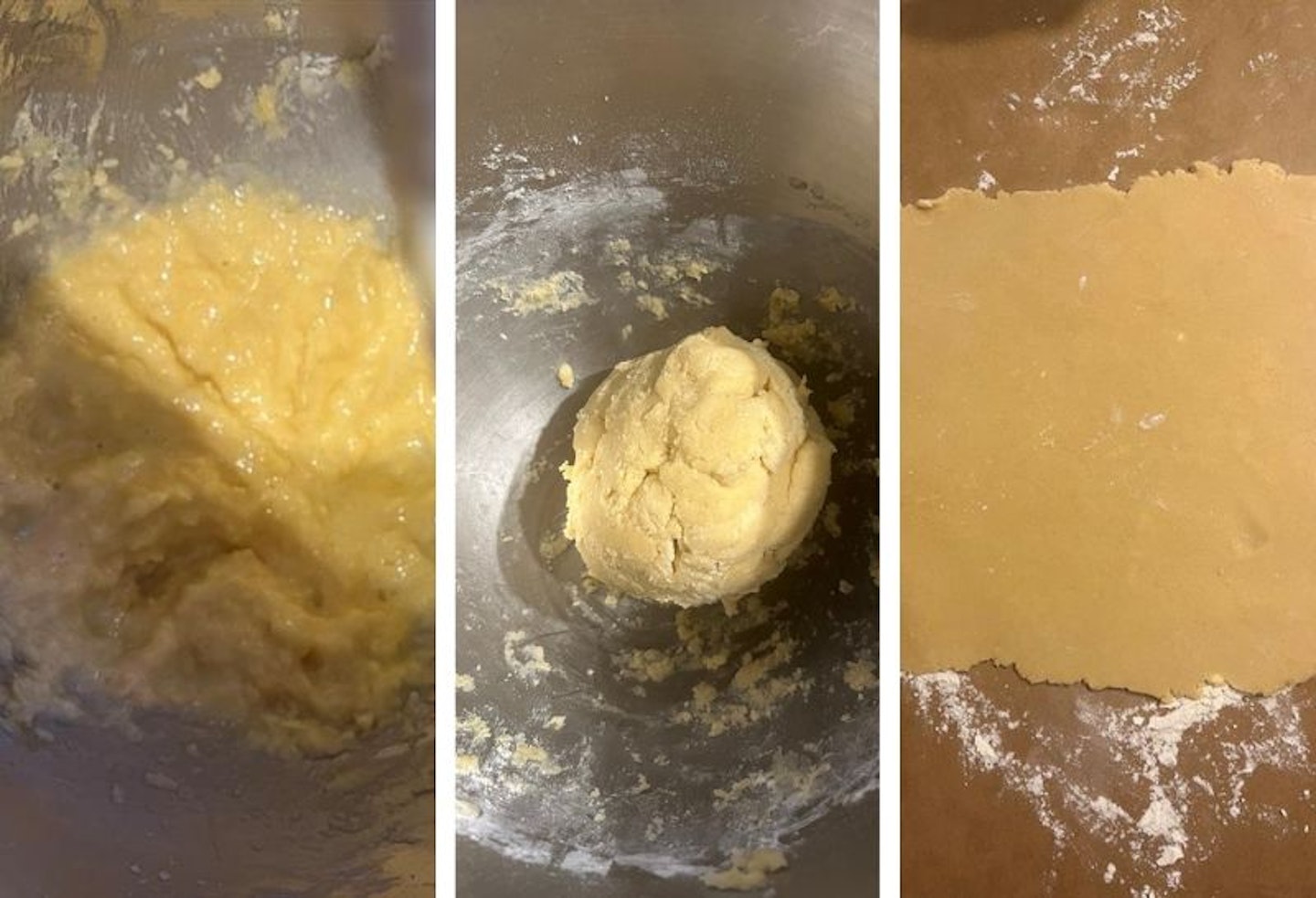 Three photos showing adding and egg and flour to a biscuit recipe