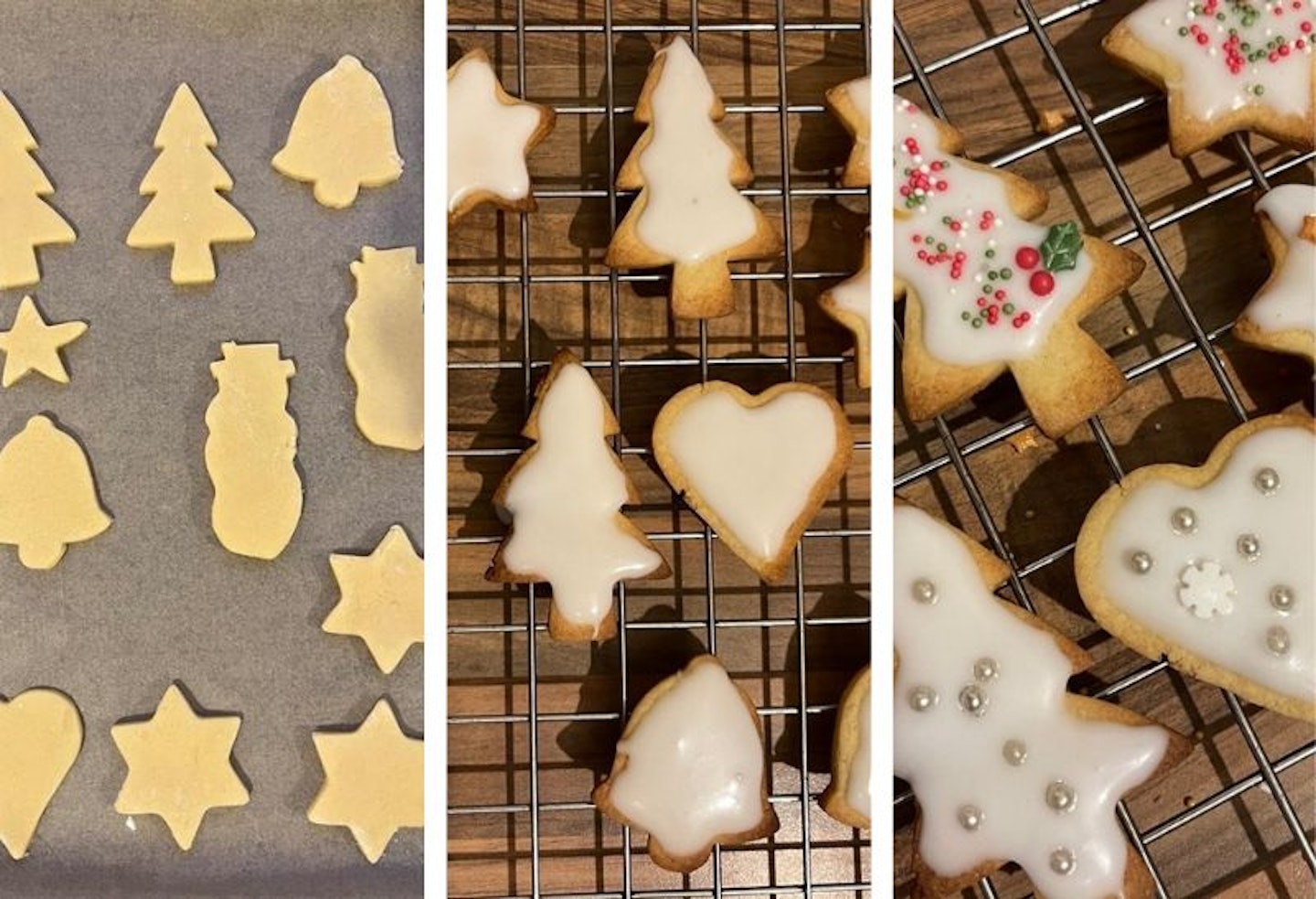 Photos of the baking and decorating stages of the iced Christmas biscuits