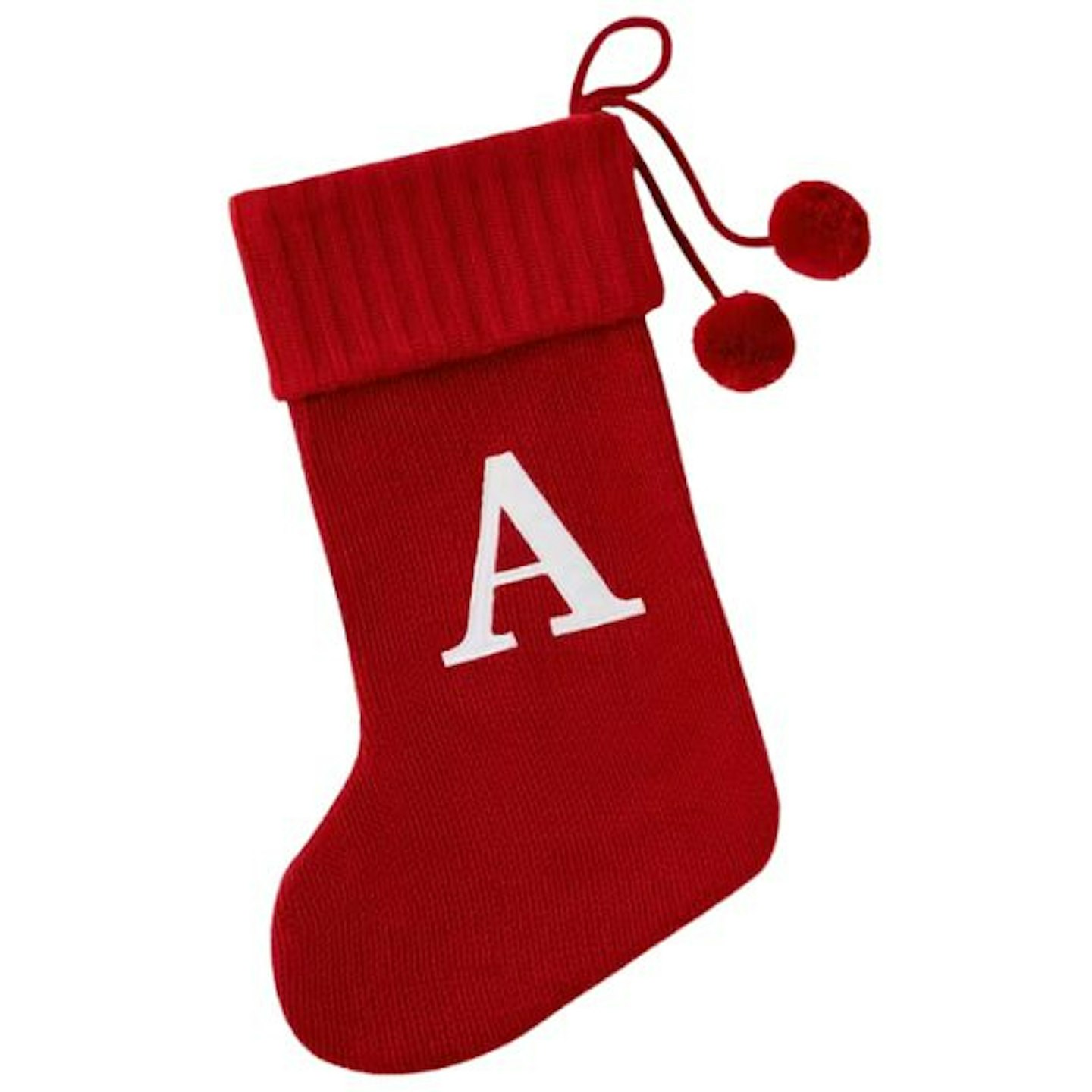 Large red Christmas stocking with an A in white and two red pompons