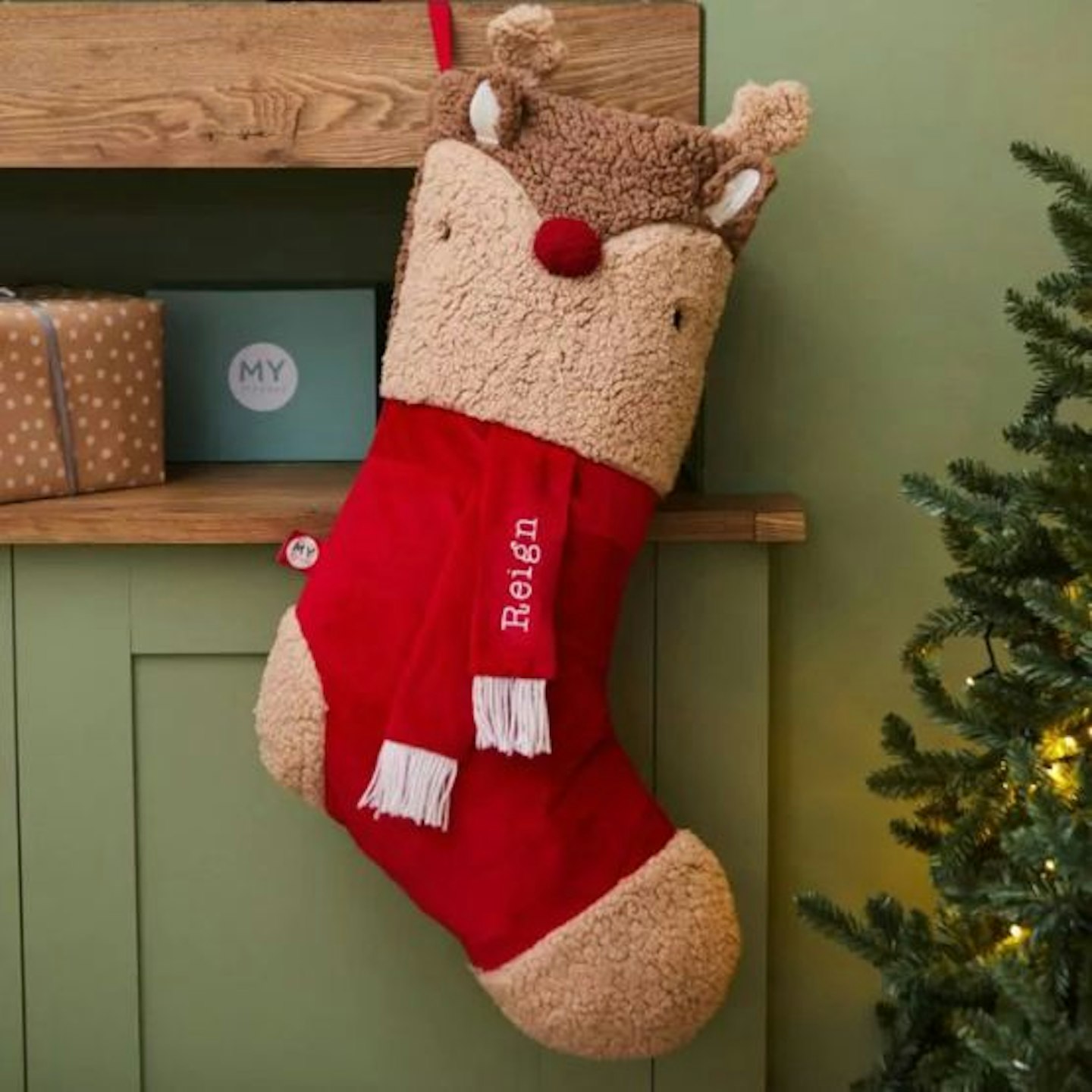 A reindeer themes large christmas stocking